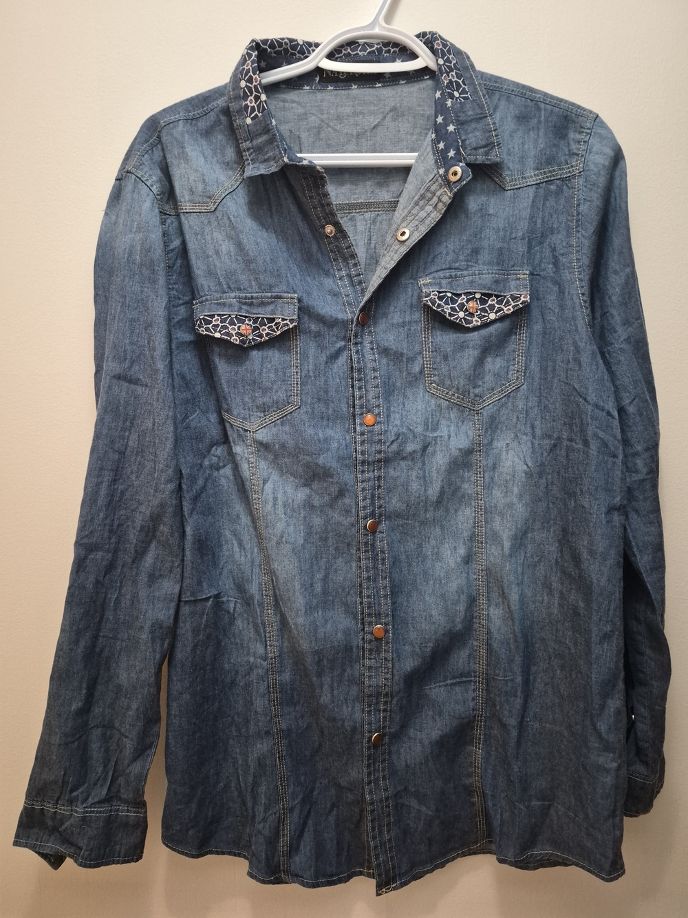 Denim Button-Up Blouae with Printed Trim - Blue